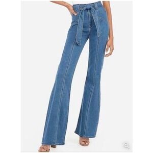 Express Bell Flare Super High Rise Jeans 10L Blue Belted Stretch Denim Long 70s